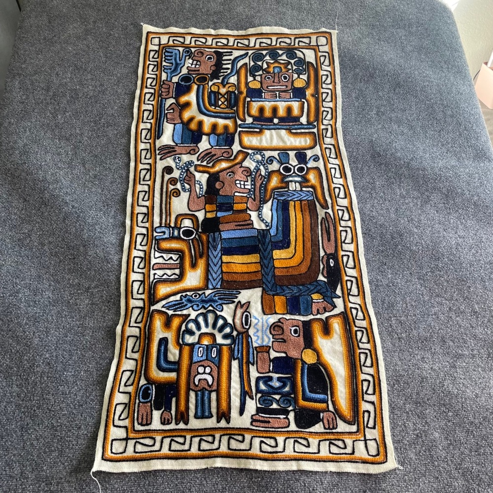 Vintage Peruvian Hand Embroidered Tapestry Incan Pre-Columbian‎ Folk Wall Art